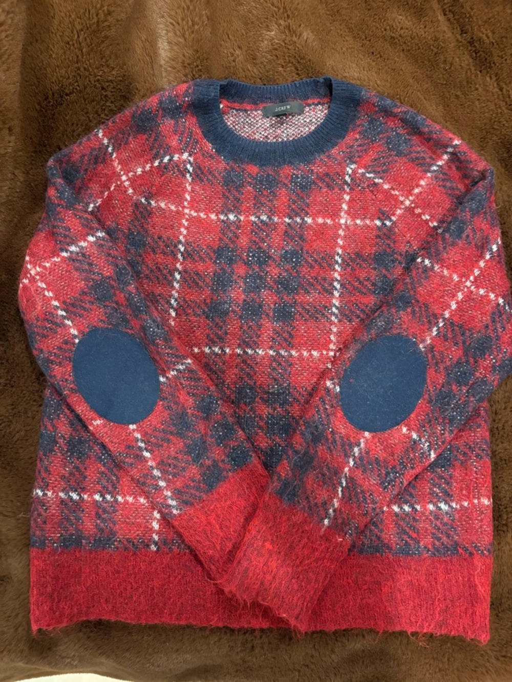 J. Crew Red Plaid Crewneck Sweater with Navy Elbow Patches